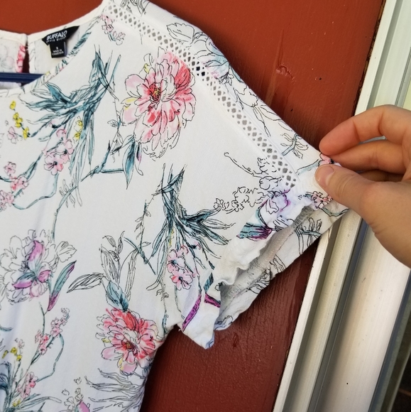 White Floral Buffalo Blouse, Tie Front - Picture 3 of 5